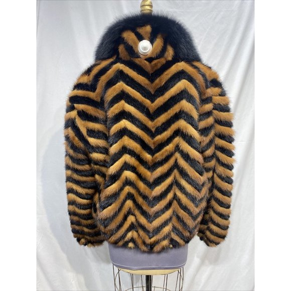 mink tails gold/ black jacket zipper w/ lack fox collar (10019) - Picture 3 of 3